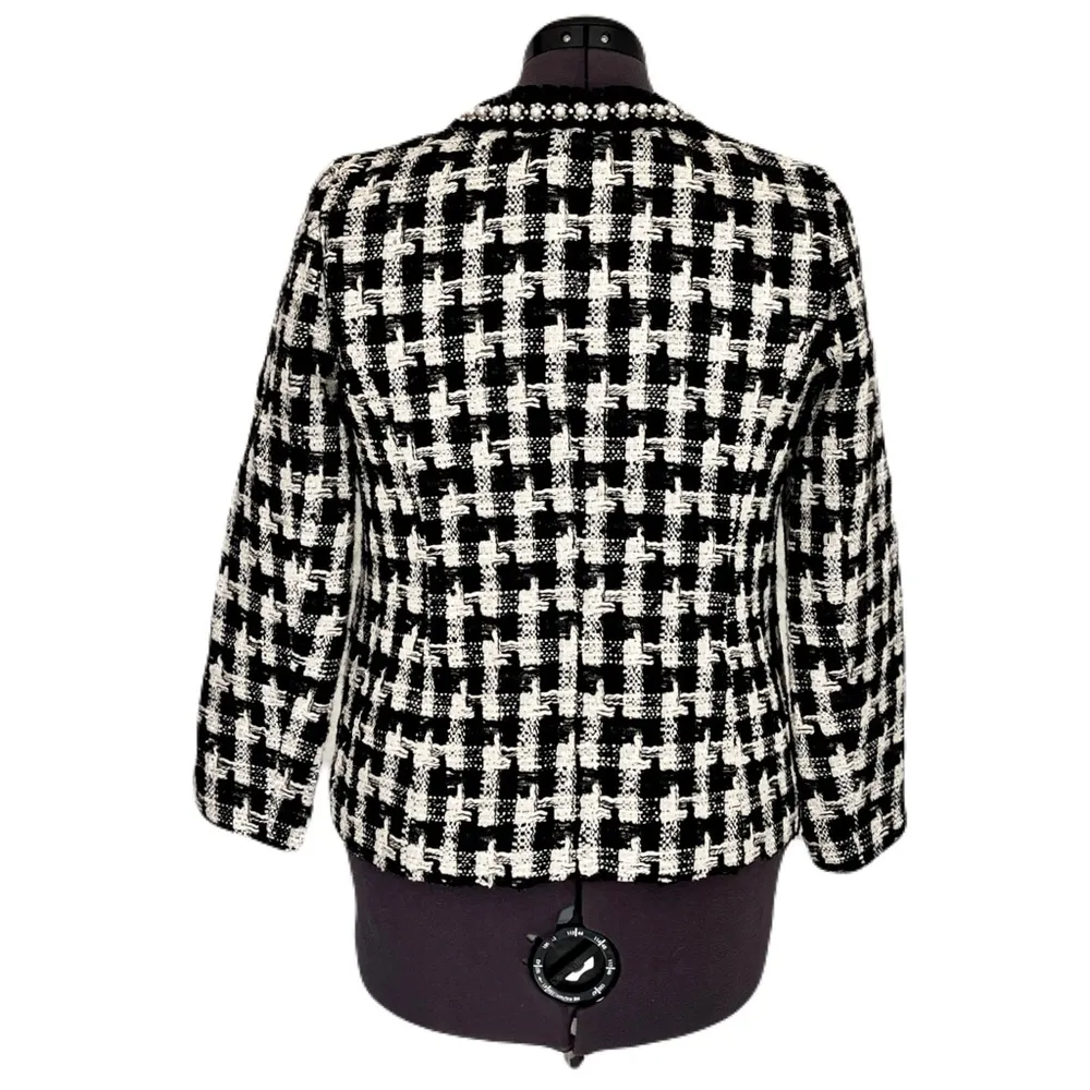 Talbots Petite Black and White Houndstooth Tweed Pearl Trimmed Blazer, Size 8P - Image 7