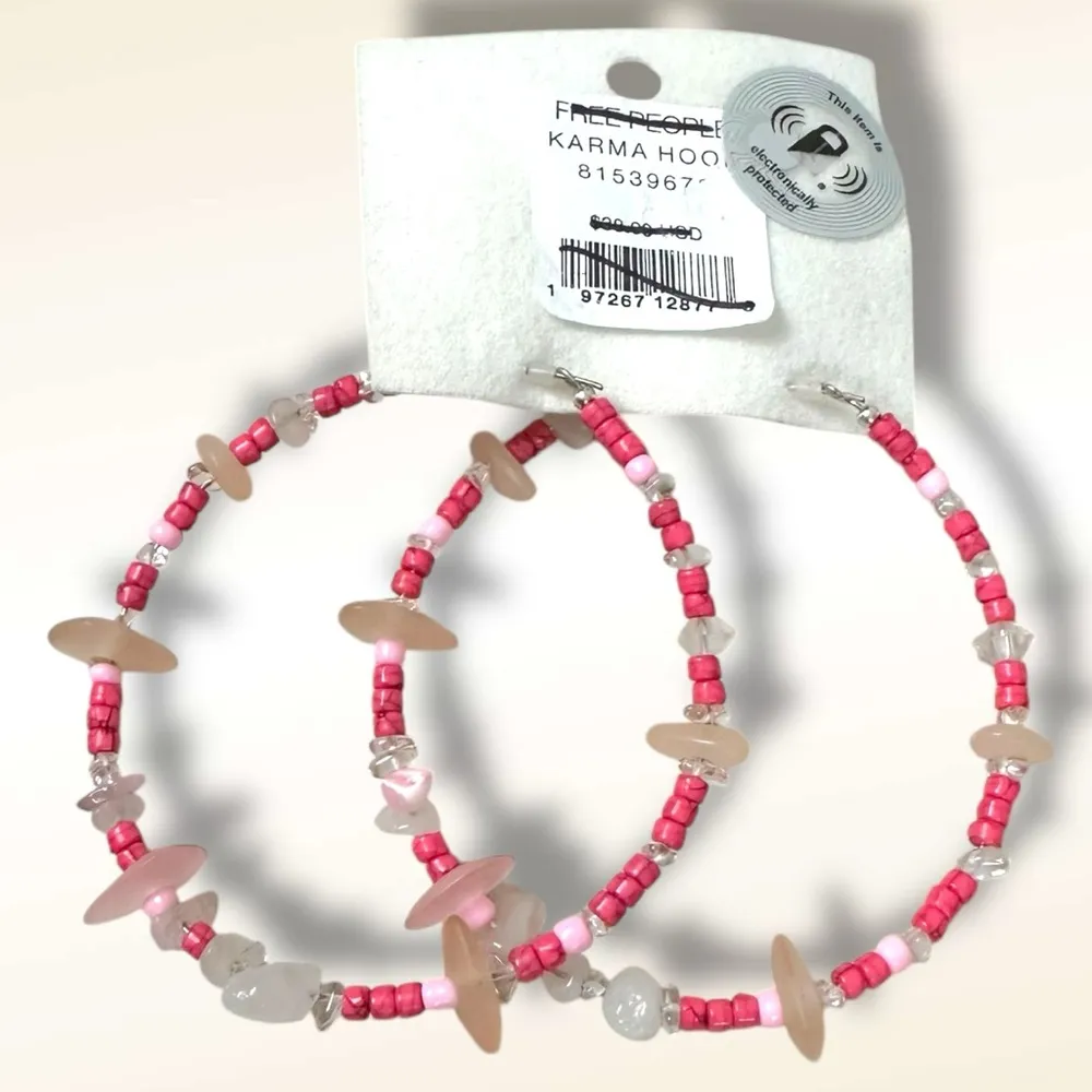 Free People Bohemian Stone Crystal Karma Hoops Earrings Pink Whimsical Summer - Image 5