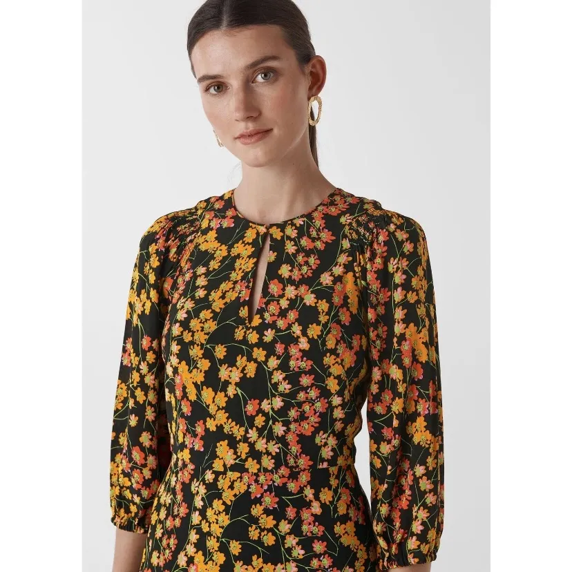 Whistles Daisy Ester Floral Dress size 6 Keyhole Neckline‎ Fit & Flare viscose Gold - Image 10