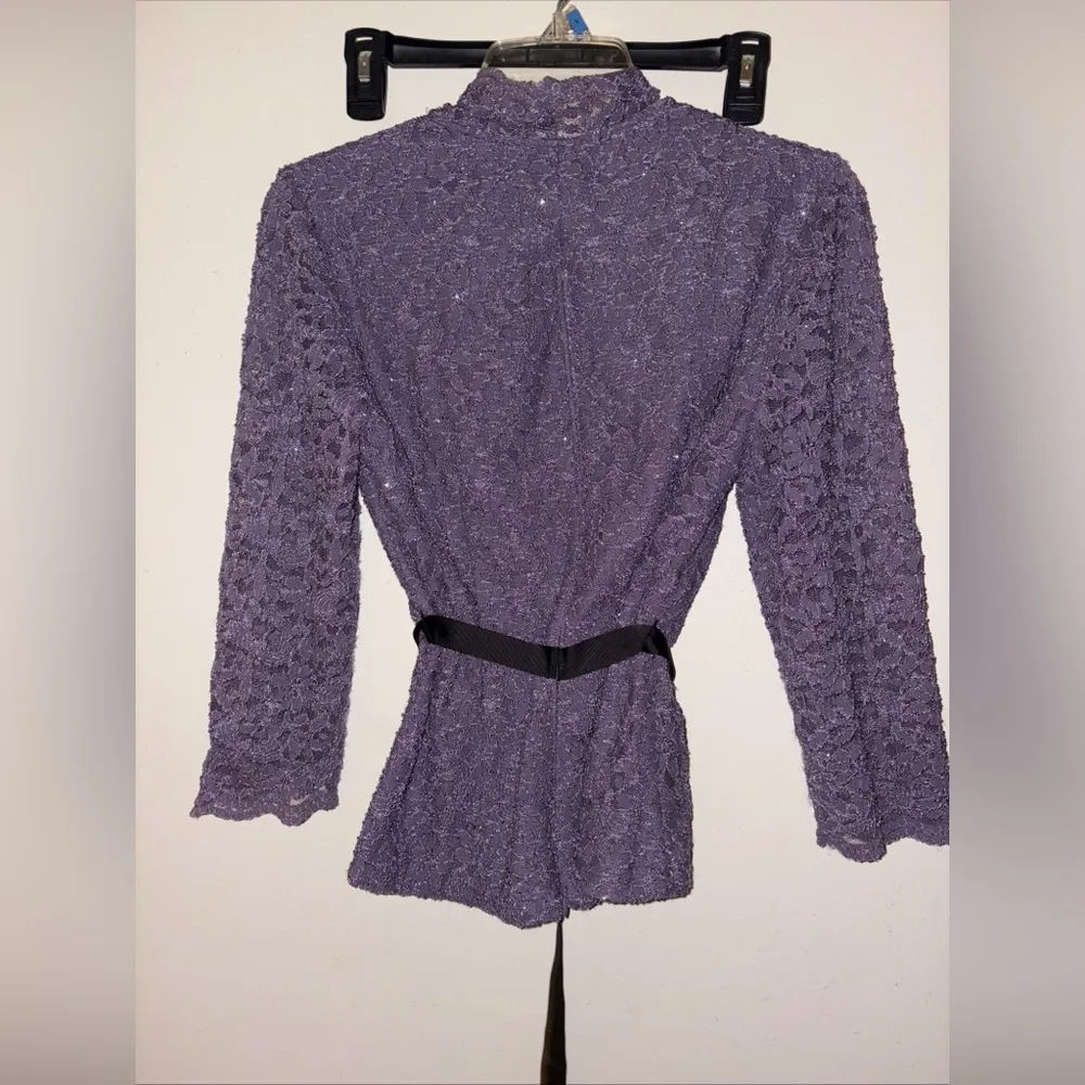 Alex Evenings Blouse Top Purple Small Dressy Sparkle  Black Waist Ribbon Belt - Image 3