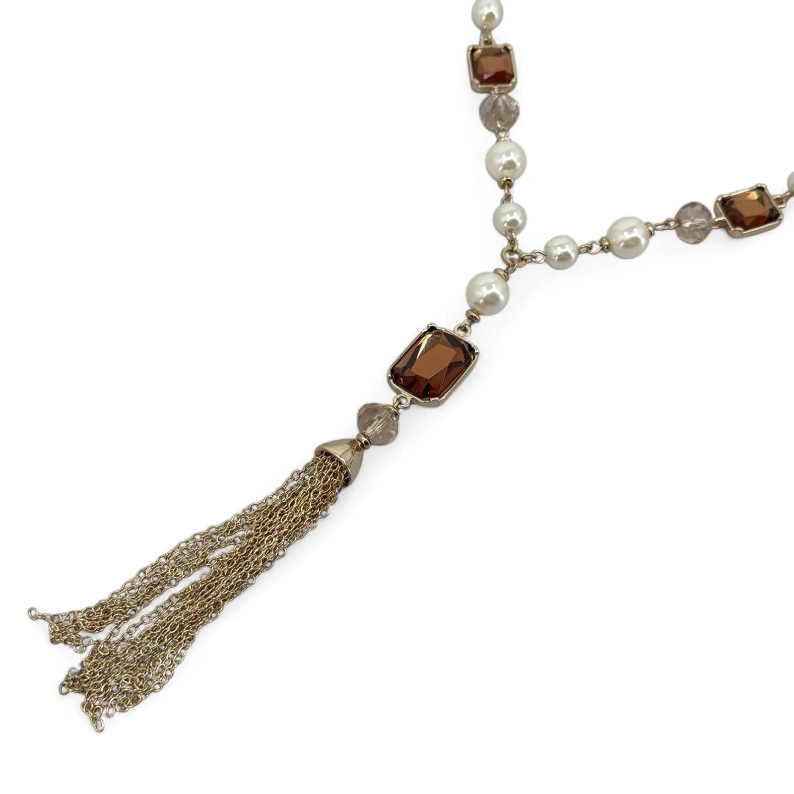 Ann Taylor Factory Tassel Necklace Goldtone Long Y Rhinestone Simulated Pearl - Image 3