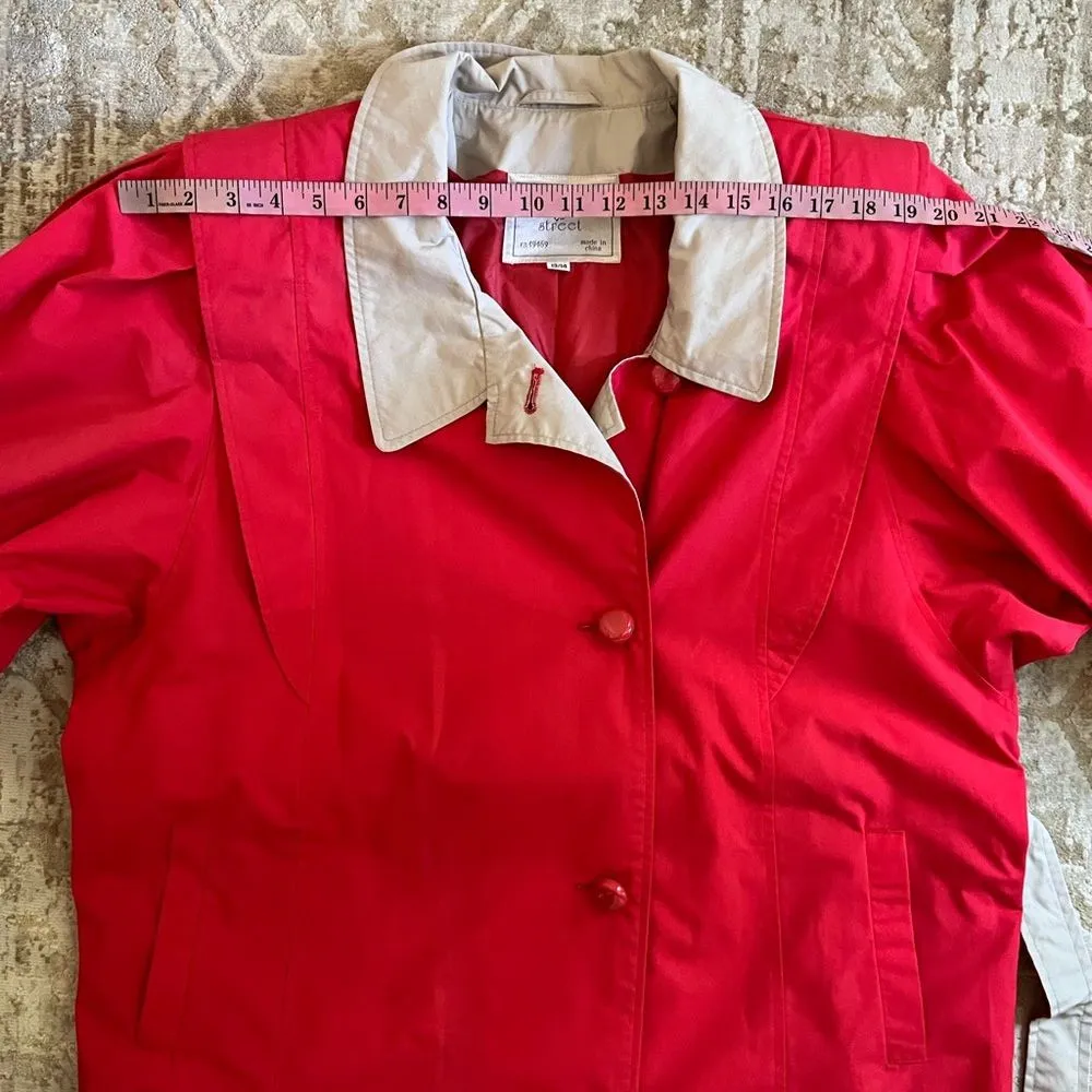 Vintage 80s/90s Mulberry Street Red Trench Coat Belted Jacket Contrast Collar Size 14 - Image 5
