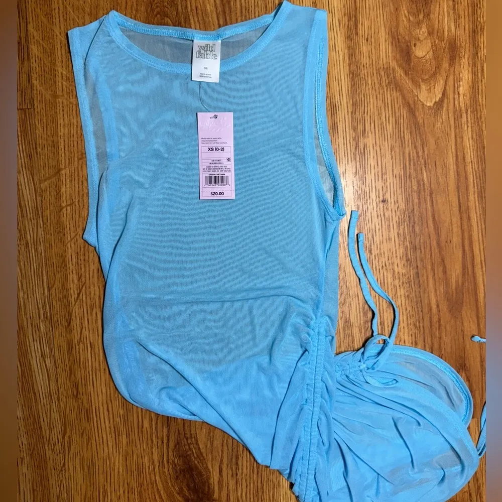 Wild Fable Womens Blue Mesh Swim Cover Up Ruched Drawstring Dress Size Pool XS - Image 2