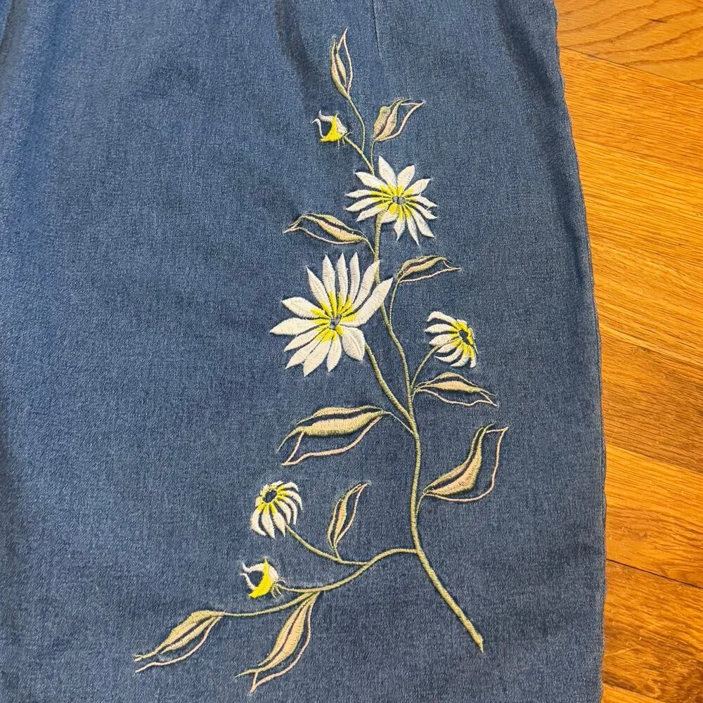 Robbie Bee Vintage 90s Women 10 Floral Embroidered Short Sleeve Denim Jean Dress - Image 8