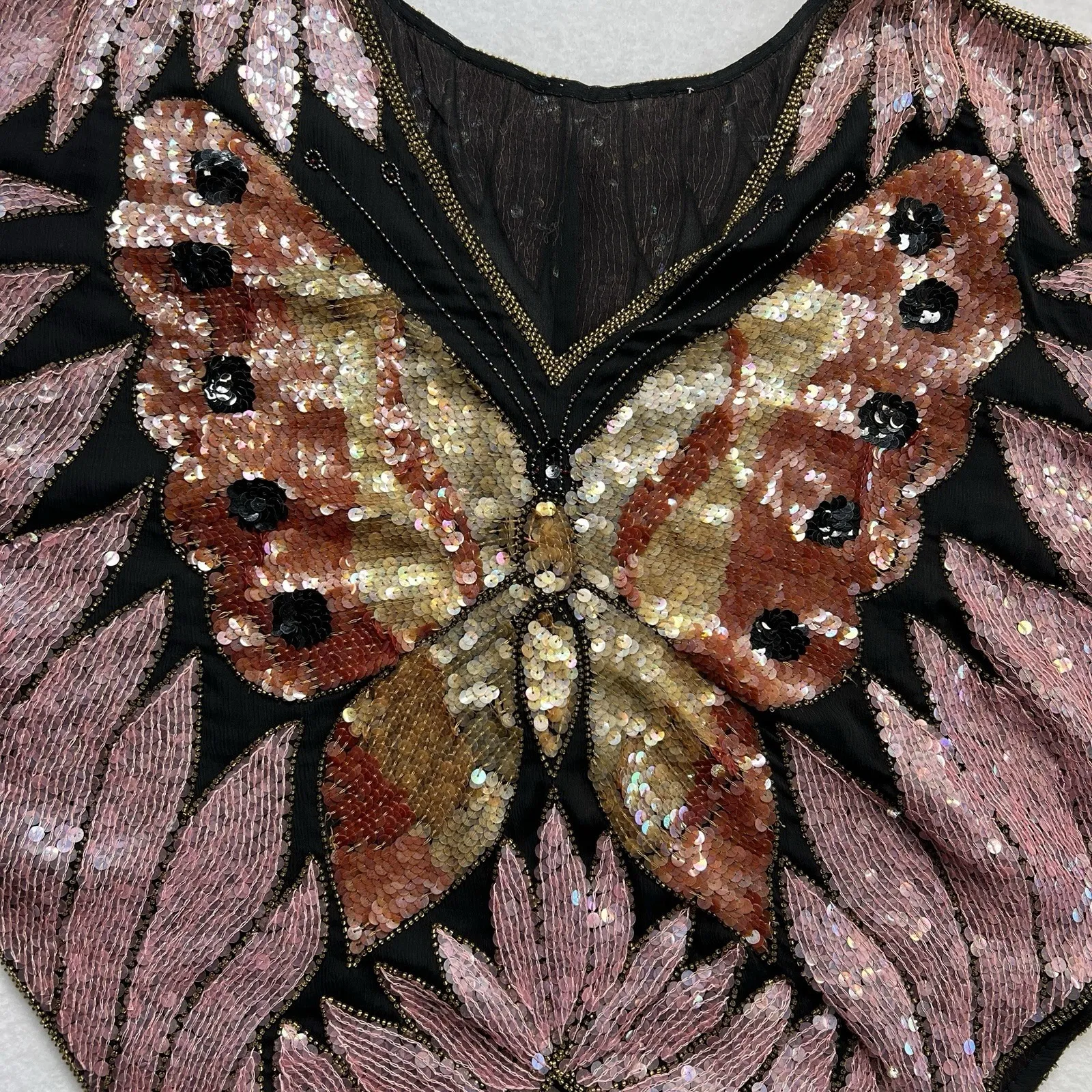 VTG Sequin Butterfly Batwing Top Silk Beaded Boho Festival Disco Fairy Costume Pink Size M - Image 2