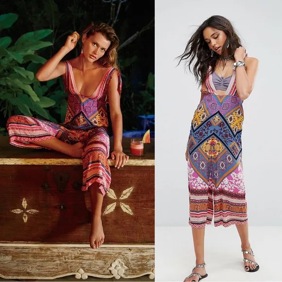 Free People • Maritzah One Piece jumpsuit culotte wide leg romper patchwork boho - Image 2