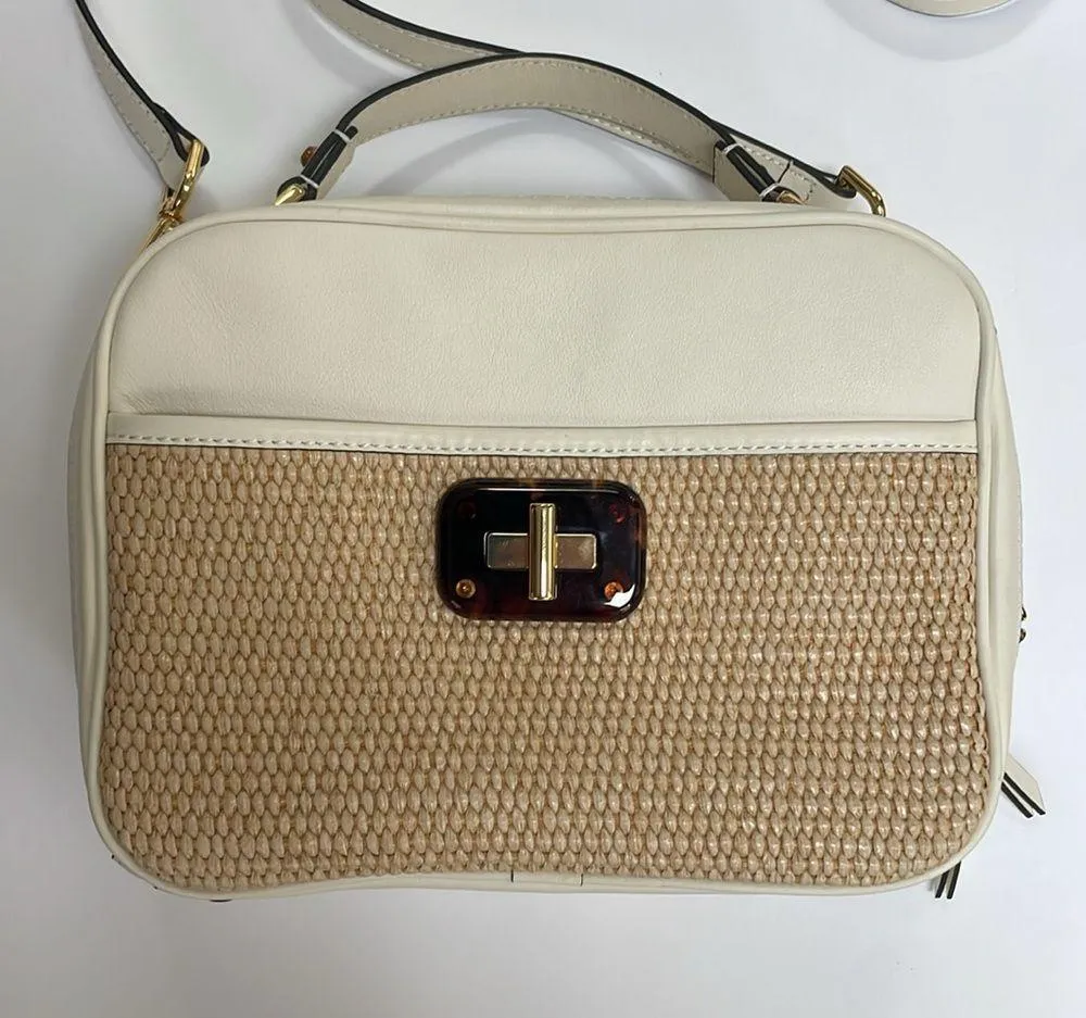 LDT Jill Vintage Lunch Box Bag Straw Leather Panel Crossbody Satchel in White - Image 8