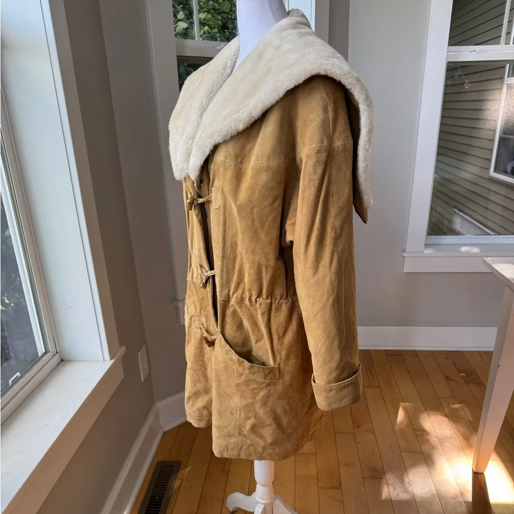 Vintage Wilson’s Tan Suede Leather Anorak Drawstring Jacket Faux Fur Hood Large - Image 12