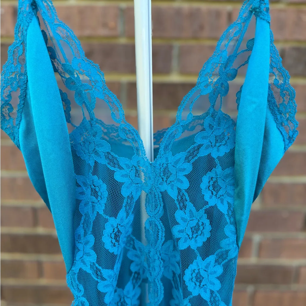 Vtg Val Mode Lingerie Slip Dress Nightgown Small Teal Blue Shiny Nylon Lace Long - Image 4