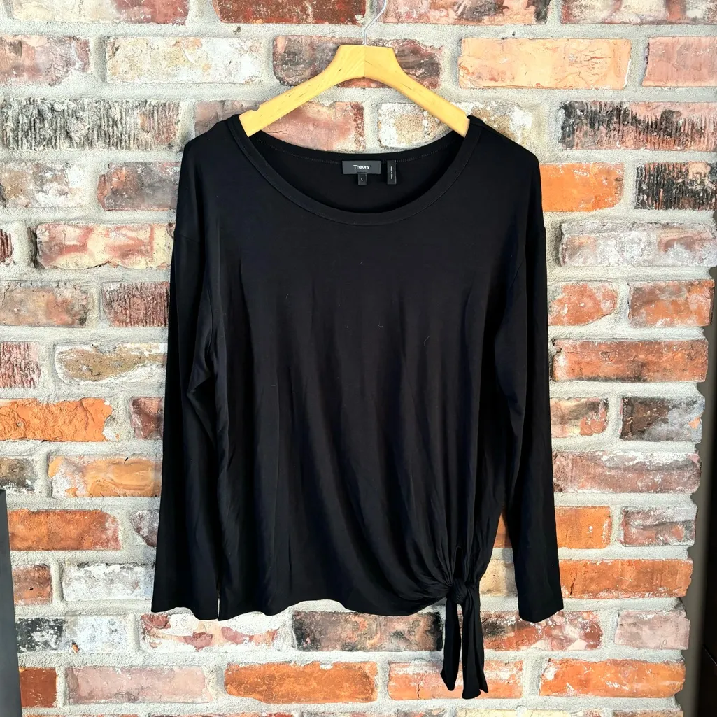 Theory Black Jersey Knit Long Sleeve Tie Detail Shirt Top, L - Image 2