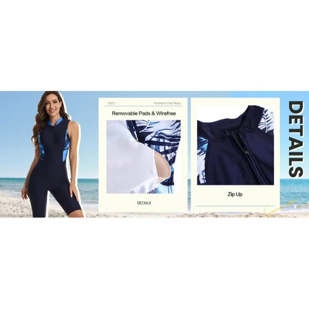 Women's 2 One Piece Rash Guard Sleeveless Zipper Swimsuit Athletic Boyleg Navy Blue - Image 8