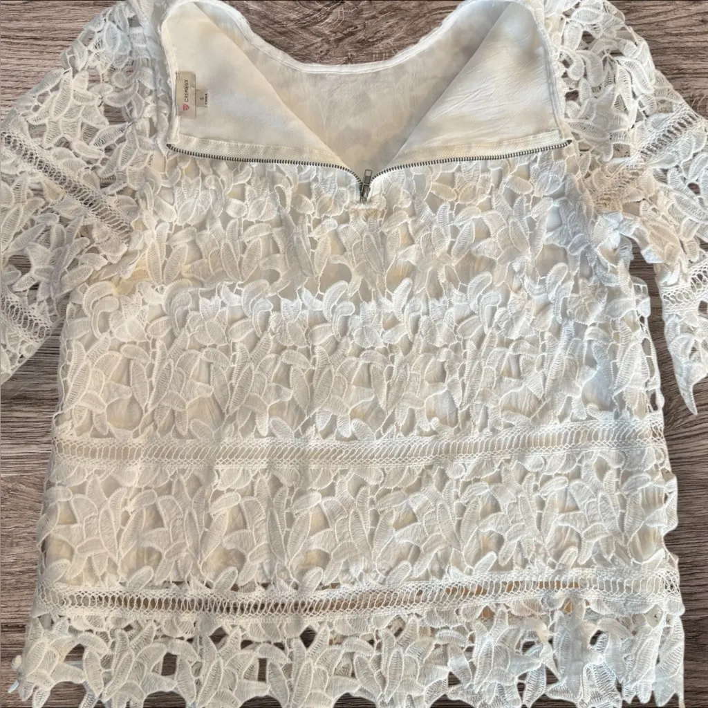 CREMIEUX White Floral Lace Overlay Top Back Zip Size S - Image 3