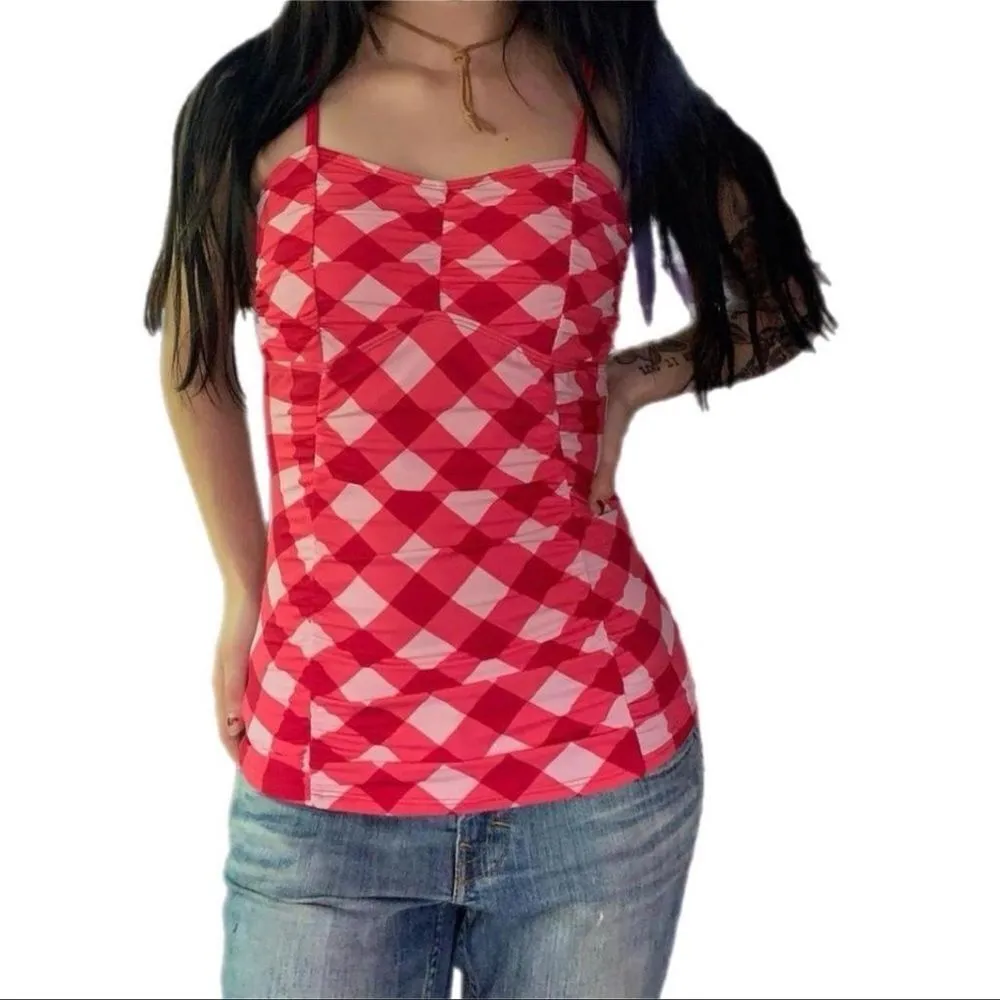 NWT Lime Ricki Red & Pink Gingham Shirred Ruched Tankini Top Size XS - Image 2