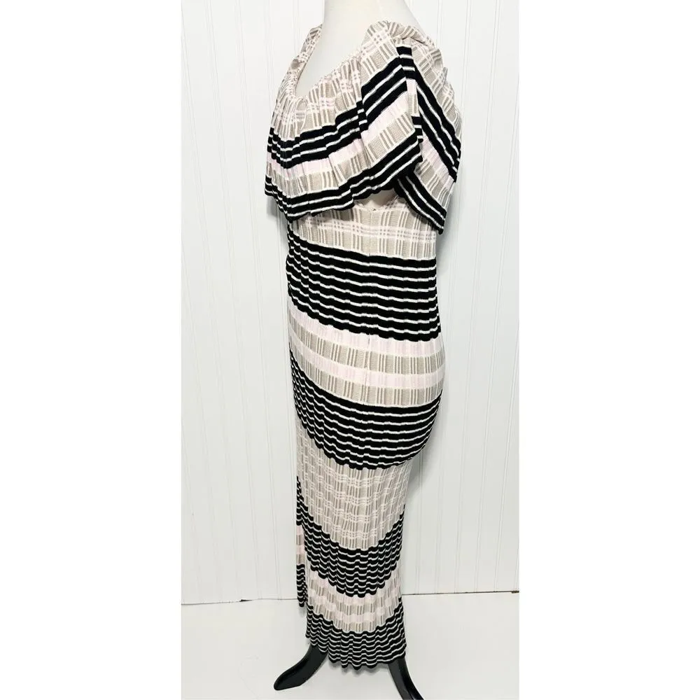 Free People Off Duty Striped Off the Shoulder‎ Midi Sweater Dress Tan Pink Large - Image 5