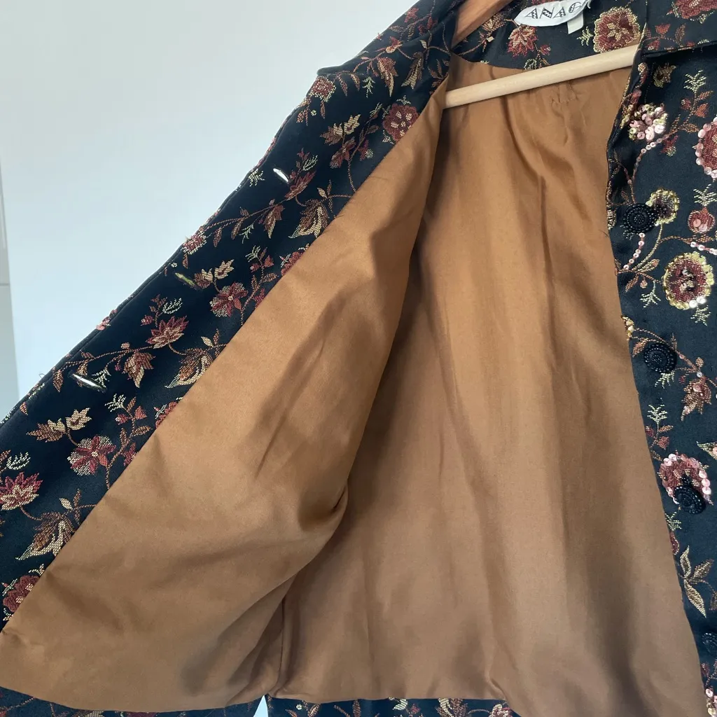 Rare Vintage Anage Wearable Art Embellished Floral Sequin Jacket Black Brown Size XL - Image 5