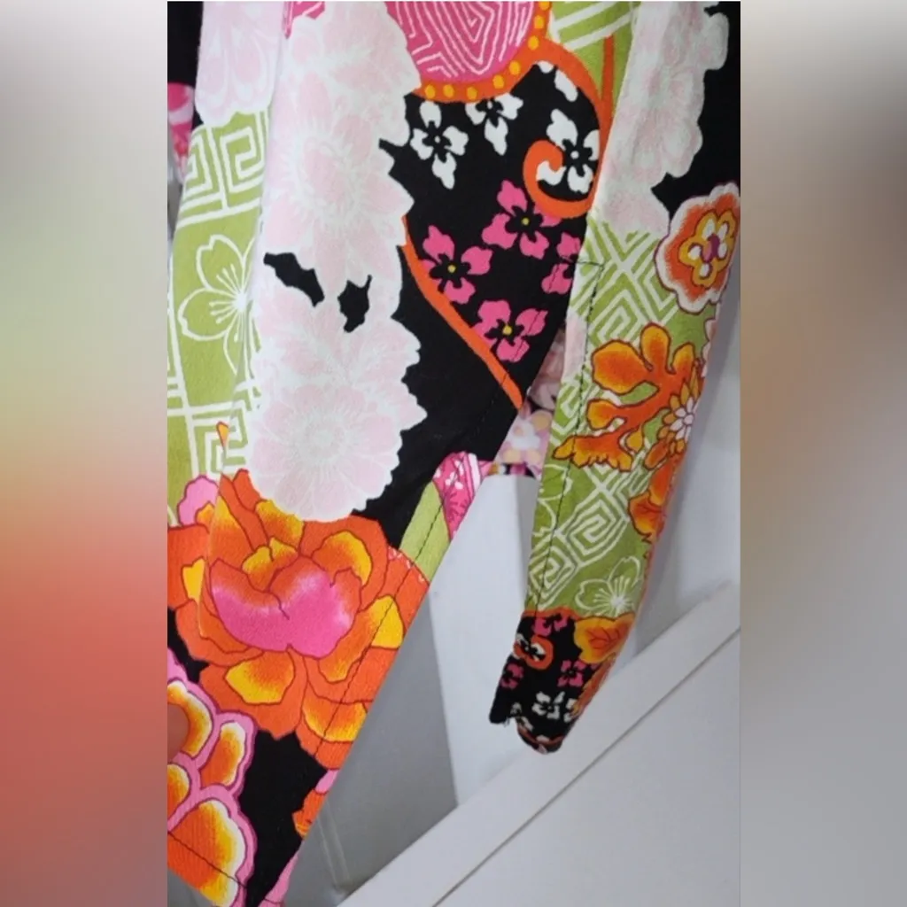 Natori Tunic Dress Colorful Asian Floral Mandarin V Neck Pockets Geisha Print M Black Size M - Image 3