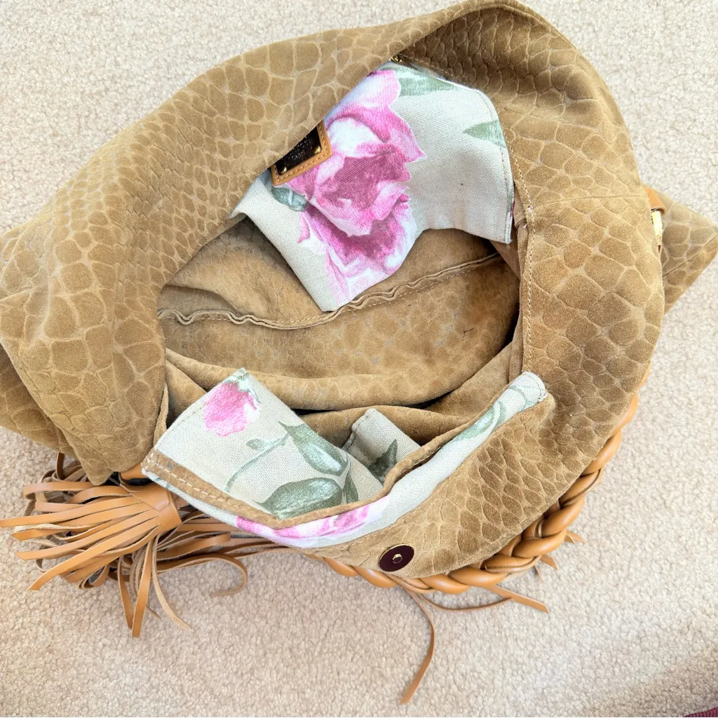 Rare Aphros Capri Suede Python Print Textured Tan Shoulder Tote Hobo - Image 9