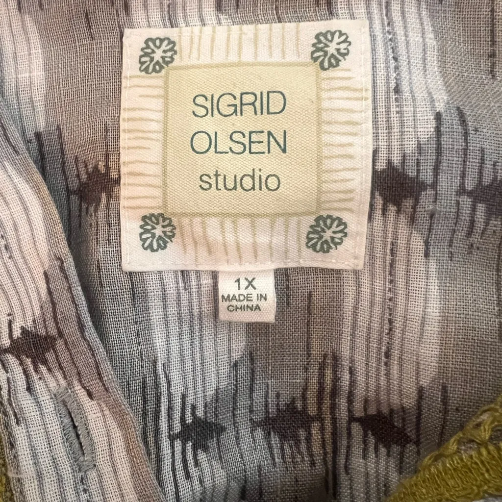 Sigrid Olsen Tunic Blouse Mini Dress Linen Size 1X Gray Tan Yellow Pattern - Image 11