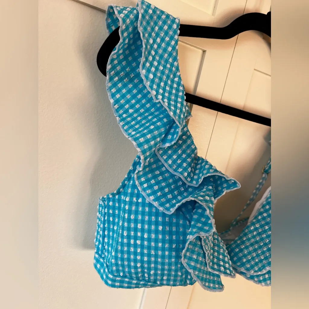 Lilly Pulitzer Blue‎ White NWOT Women’s Aelin Crinkle Gingham Bikini Top Size 12 - Image 4