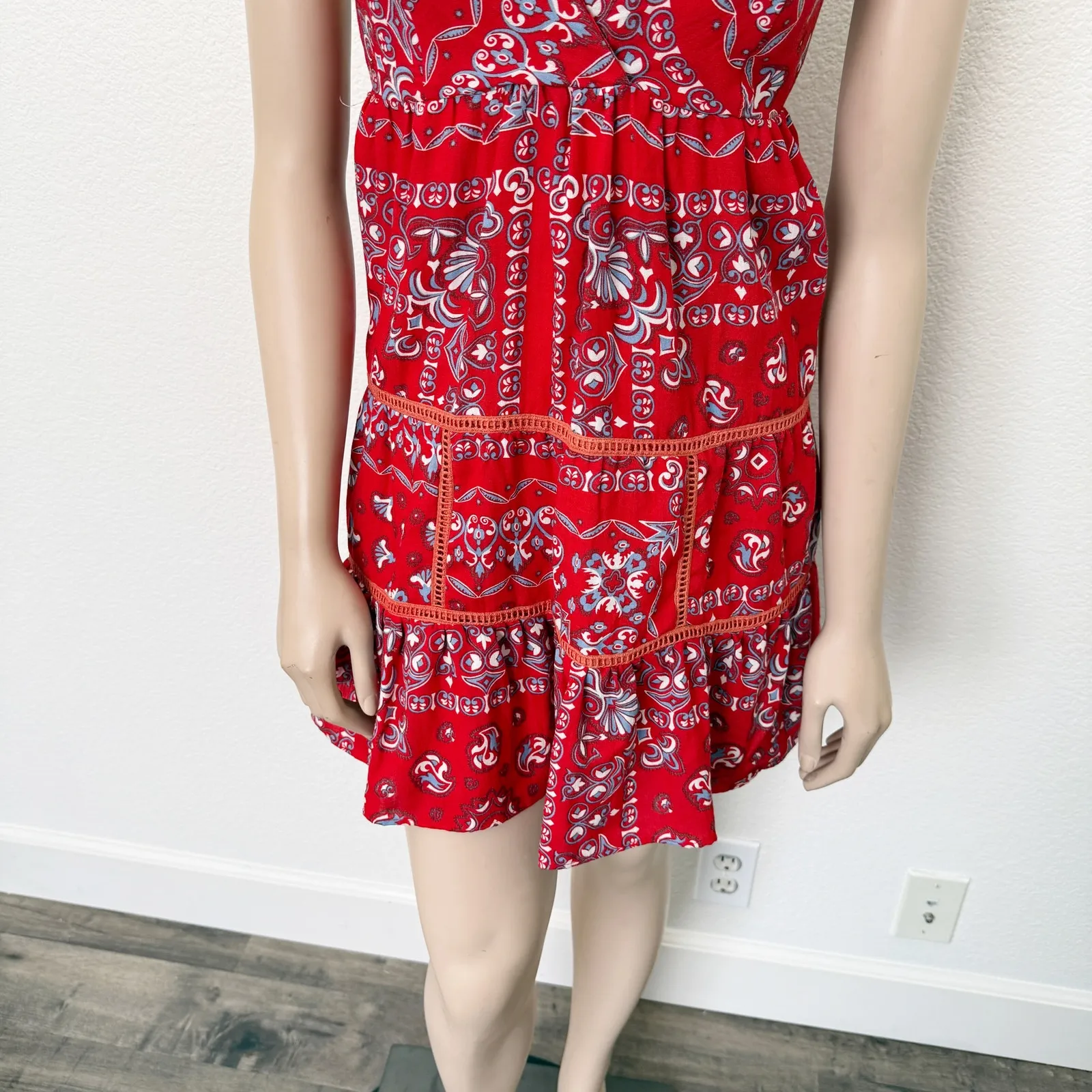 [Selfie Leslie] Red Ariya V-Neck Low Back Ruffle Bandanna Mini Dress Sz Large L - Image 7
