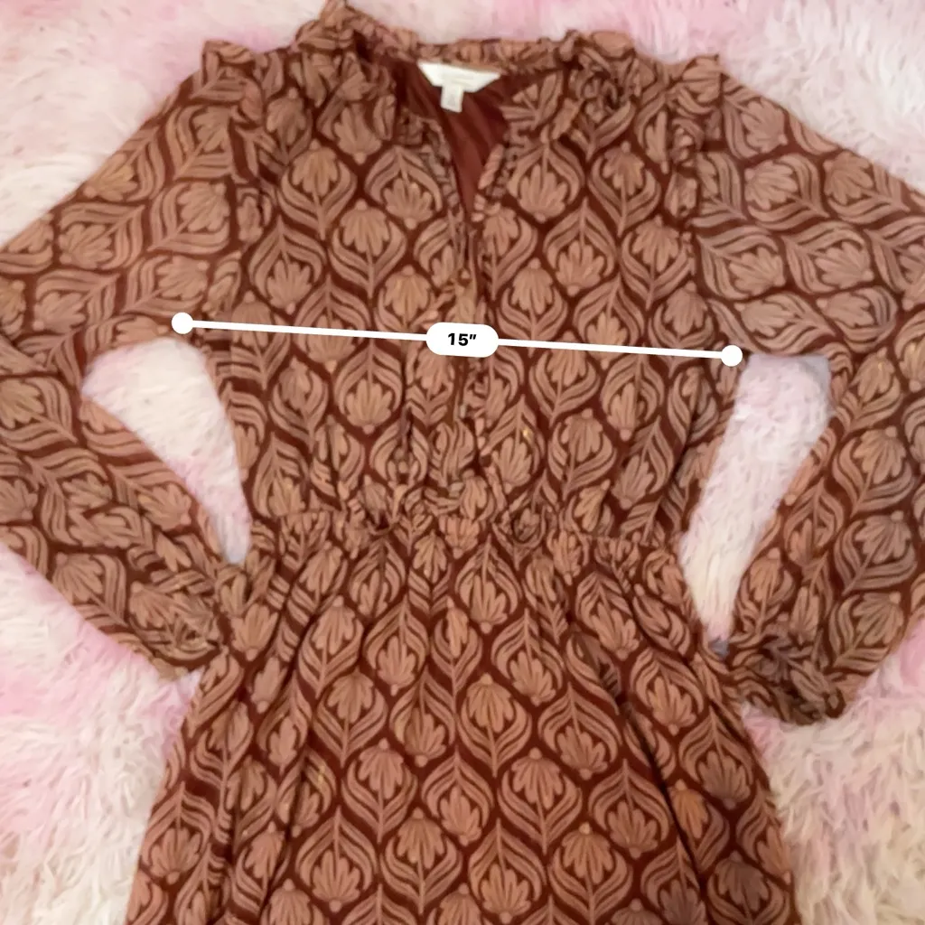 Ruffle Neck Long‎ Sleeve Sheer Mini Dress Brown Patterned - Image 5