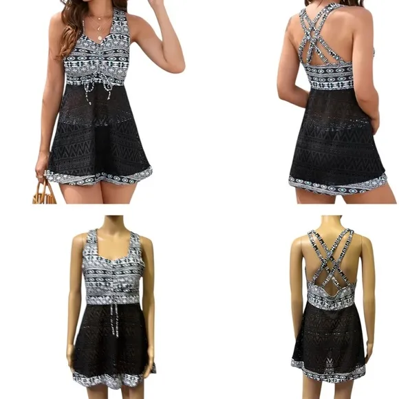 Aztec Print Tankini Top Padded Swim Dress Modest Tummy Cover Black Blue Size XL - Image 2