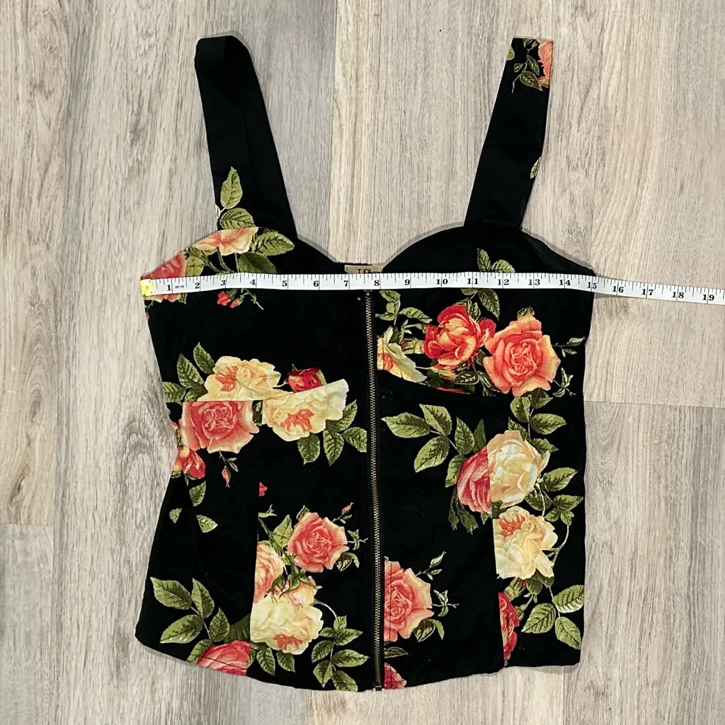 Liberty Love Zip Up Front Corset Tank Top Black Floral Sweetheart Shirt Size S - Image 2