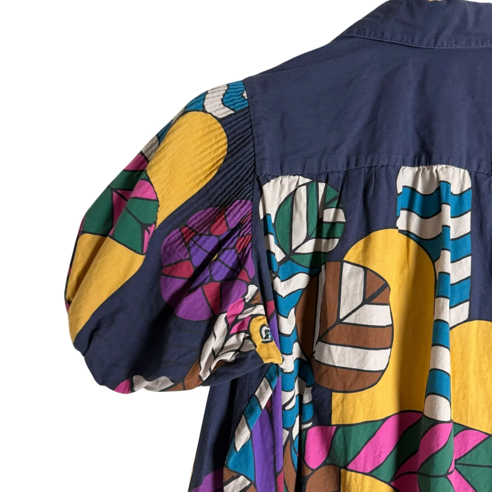 Carolina K Valerie Pleated Geometric Print Puff Sleeve Midi Kaftan Dress Size XS Blue - Image 14