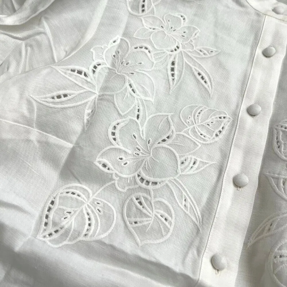 NWOT Marciano Guess Embroidered Linen Blend Shirt Puff Sleeve Cream XXS like S-M - Image 5