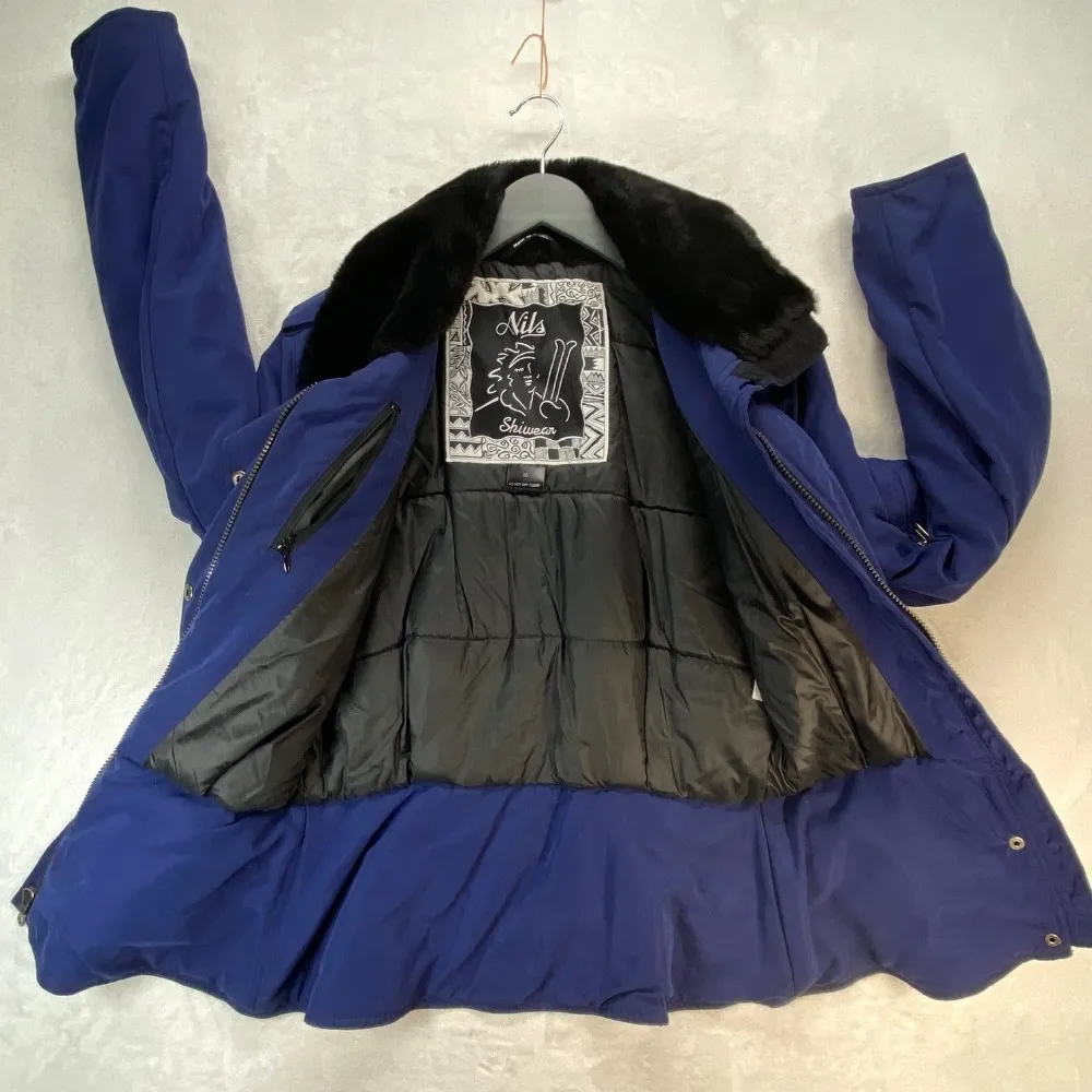 Vintage Nils Skiwear Jacket Faux Fur Collar Belted Padded Winter Coat Sz 10 flaw Blue - Image 7