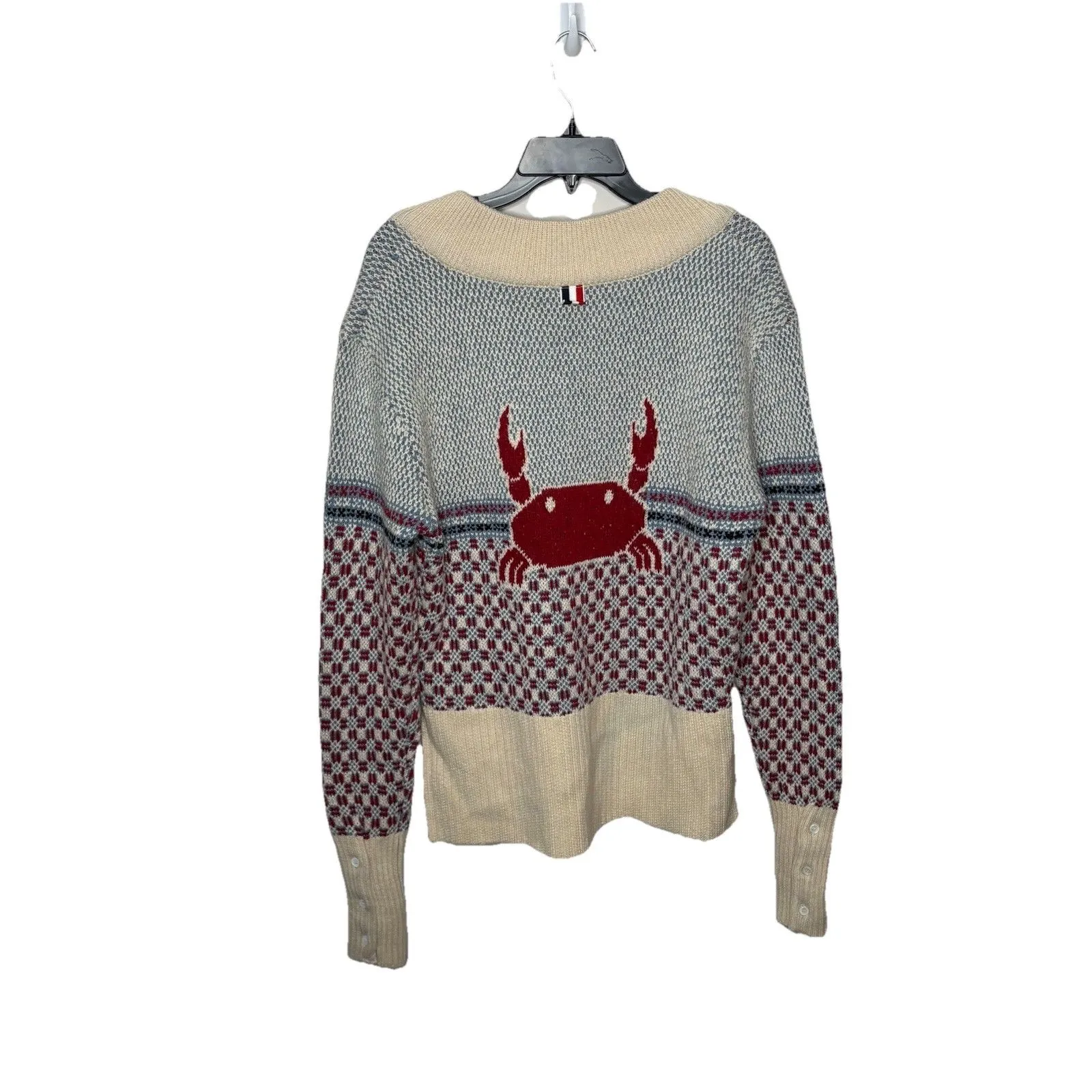 Yans Larat Red Crab Cream Blue V neck High Low Chunky Sweater Size Small Womens - Image 4