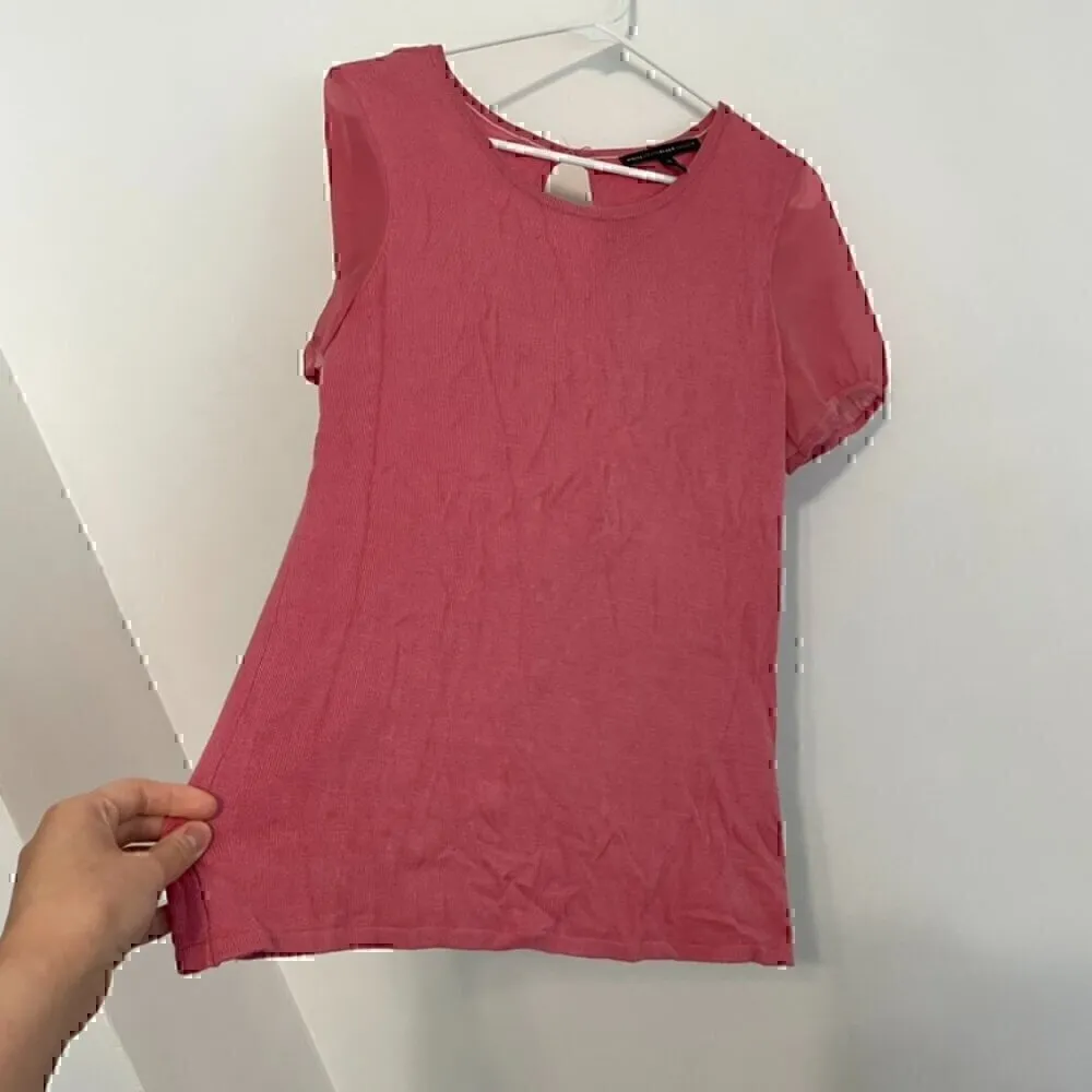 WHITE HOUSE BLACK MARKET WHBM Woven Short Sleeve Top Pink Mixed Media Knit Work - Image 9