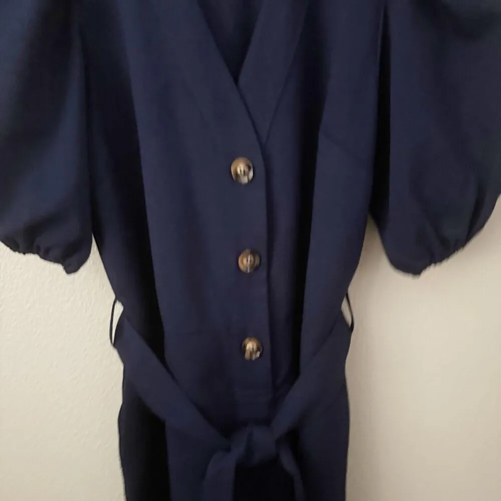 FRNCH | Laurine Jumpsuit Navy Blue Tie Belt Puffed Sleeve Button | Medium - Image 9