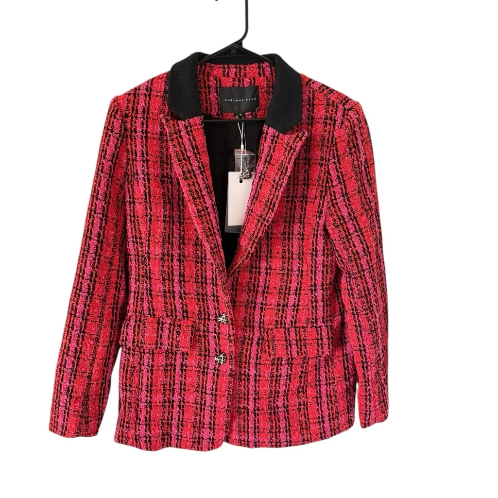 Endless Rose NEW Plaid Bouclé Blazer Red & Pink - Image 9
