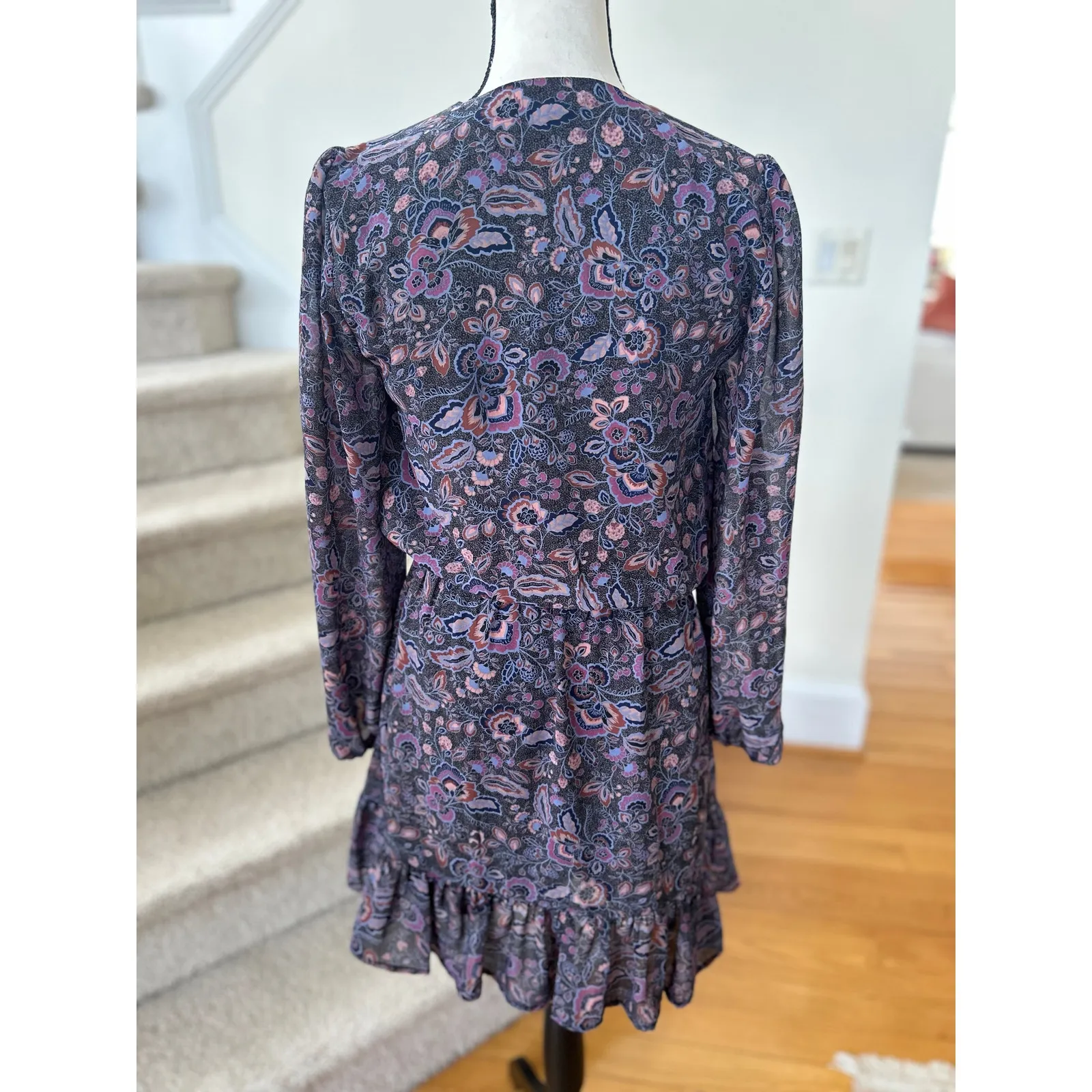 Evereve Purple Paisley Blouson Sleeve Mini Dress Boho Fall Moody Floral - Image 3
