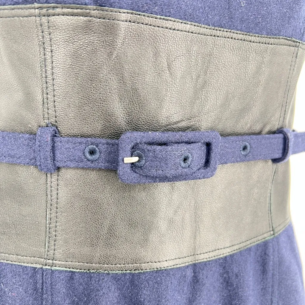 Susana Monaco Wool Blend Belted Navy Blue Leather Panel Dress Size 4 NWT - Image 5