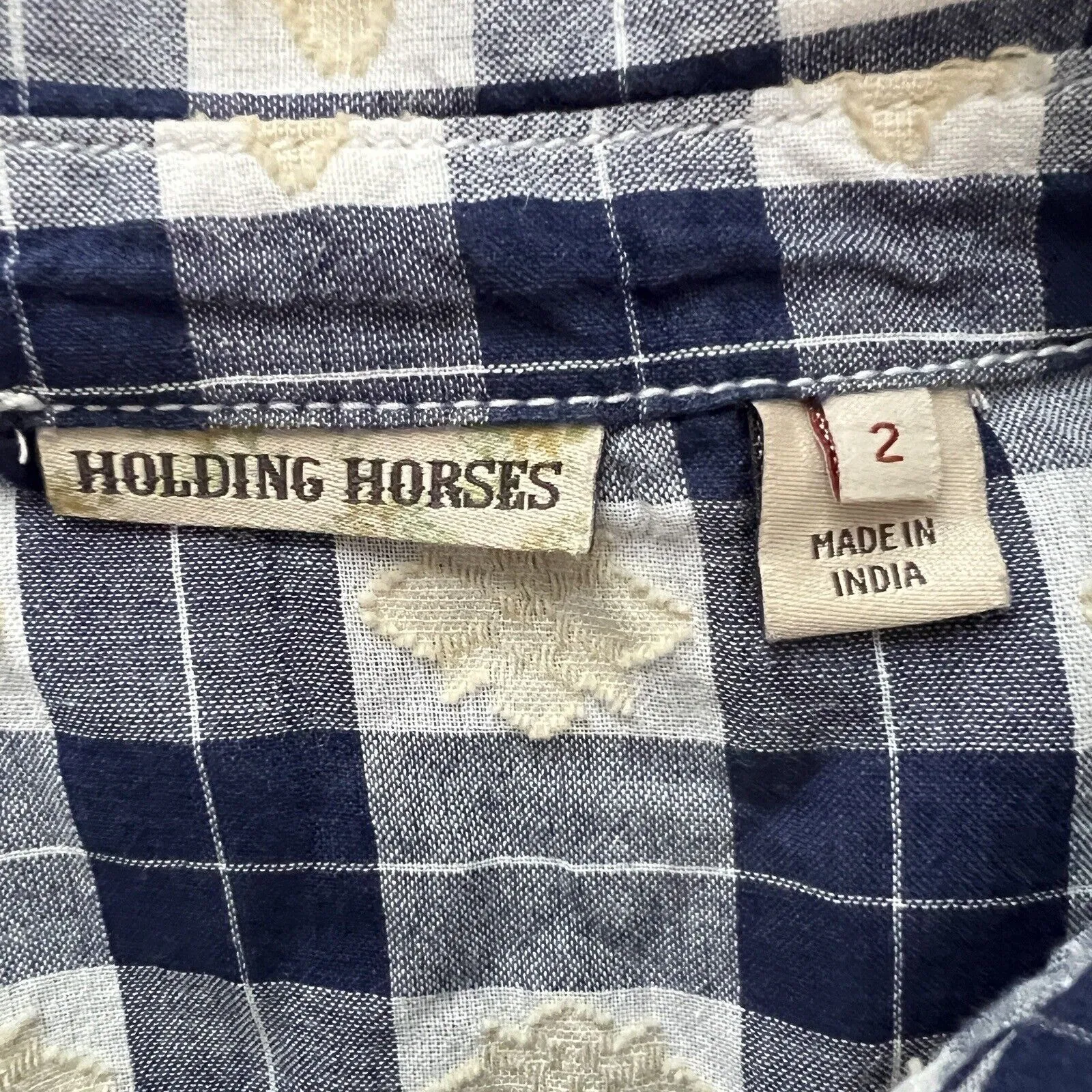 Anthropologie Holding Horses Shirt Womens‎ 2 Blue White Plaid Metal Snap Western - Image 7