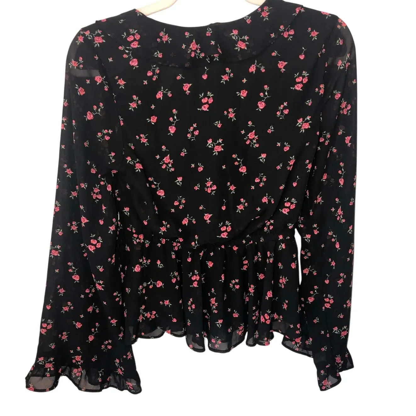 Ruffle Sleeve Top Size XXS Black Pink Floral Whimsigoth Dark Fairy Romantic Y2K - Image 2
