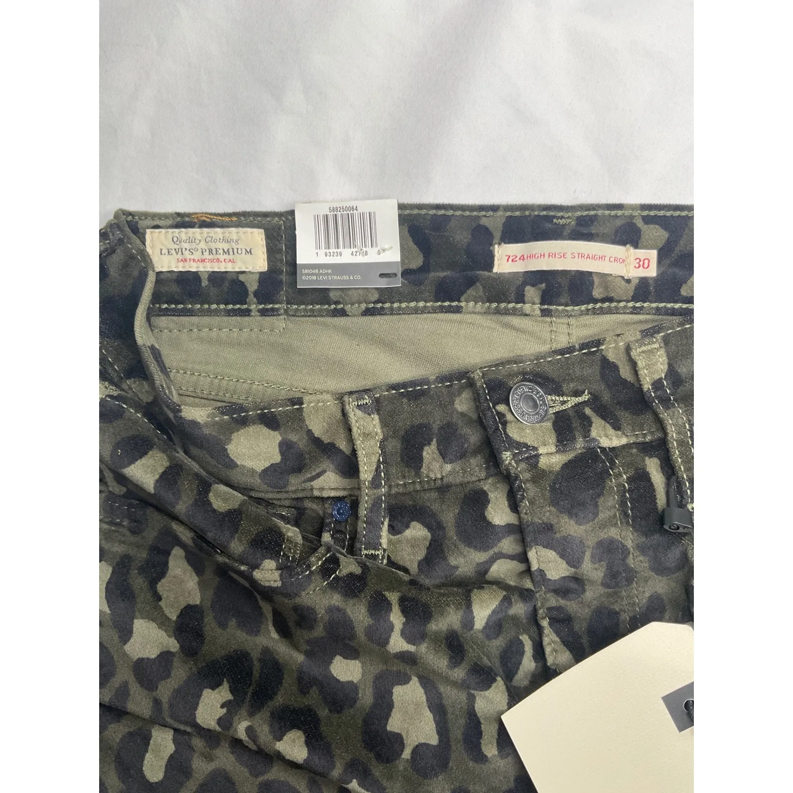 Levi's Premium 724 High Rise Straight Crop Leopard Print Olive Green Suede Pants - Image 5