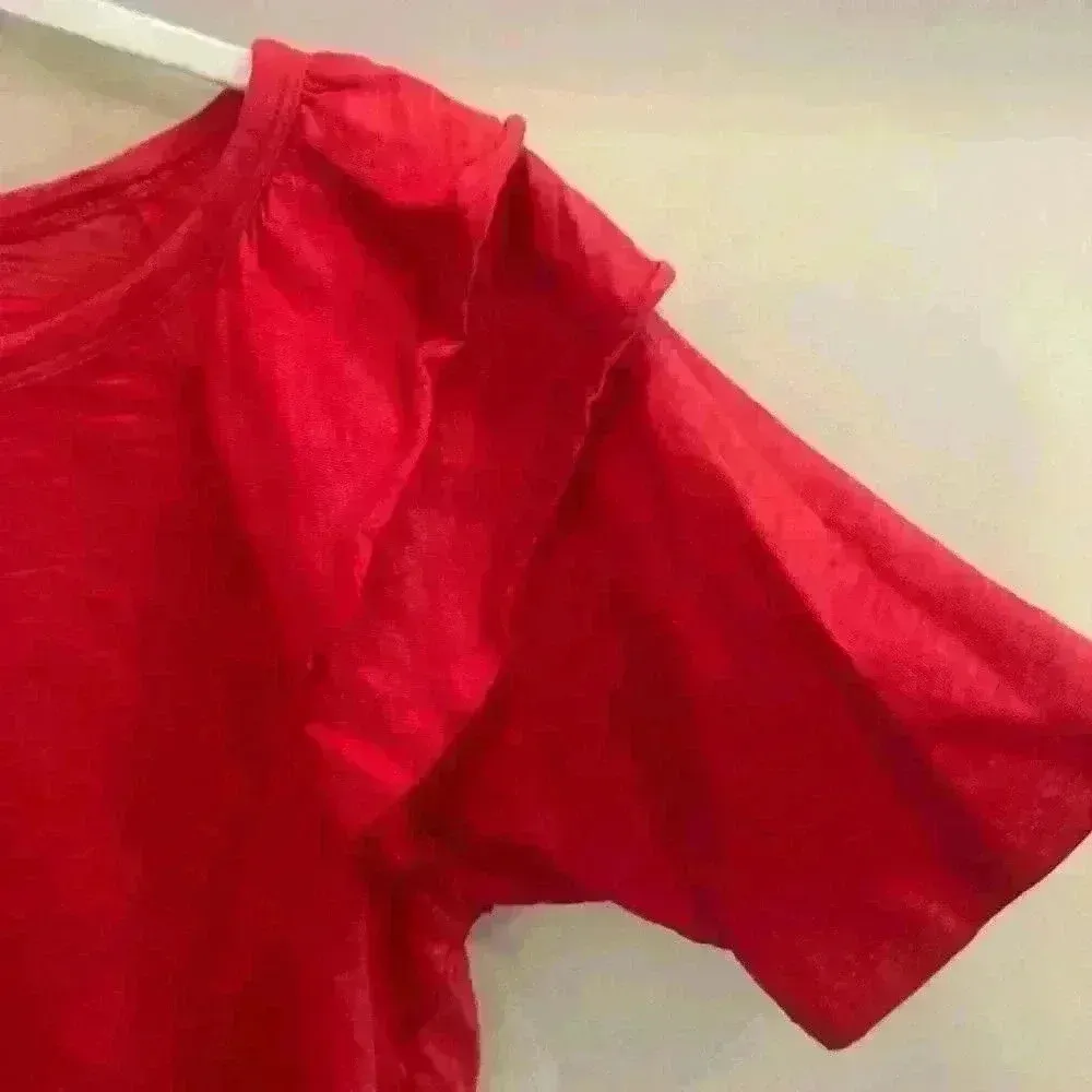 Lilla P Loose Knit Slub Elbow Sleeve Ruffle Crewneck size Small Preppy Luxury Red - Image 5