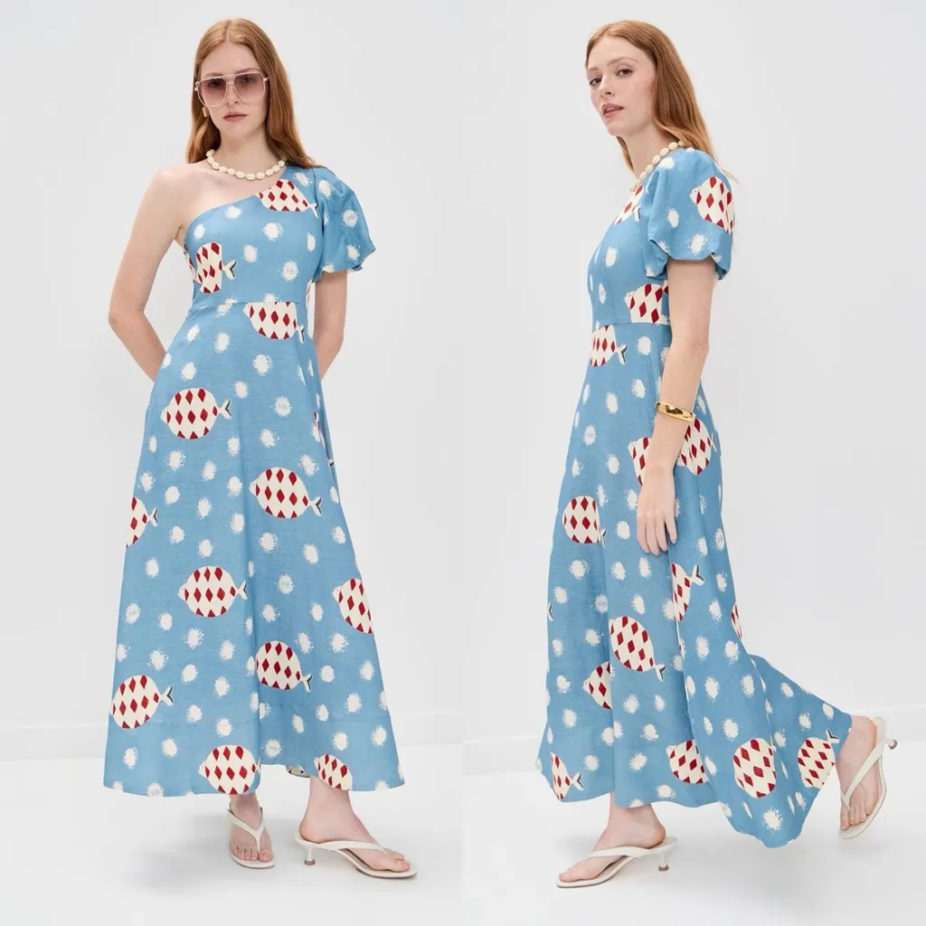 Hunter Bell Carmen One-Shoulder Linen Midi Dress Fish Print Size 0 NWT - Image 2