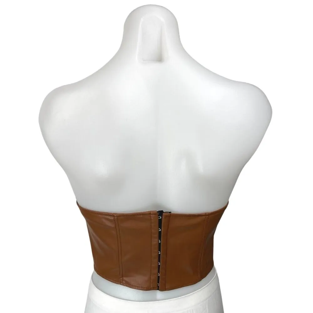 Zara Brown Faux Leather Vegan Strapless Tube Bustier Corset Crop Top Size S - Image 2