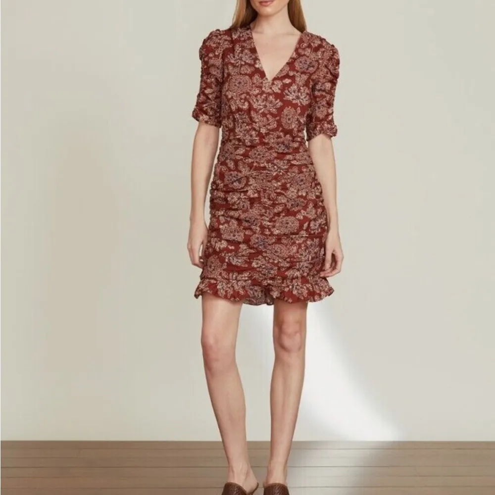 Veronica Beard Josephine Rust Red Floral Ruched Puff Sleeve Mini Dress Size 10 - Image 2