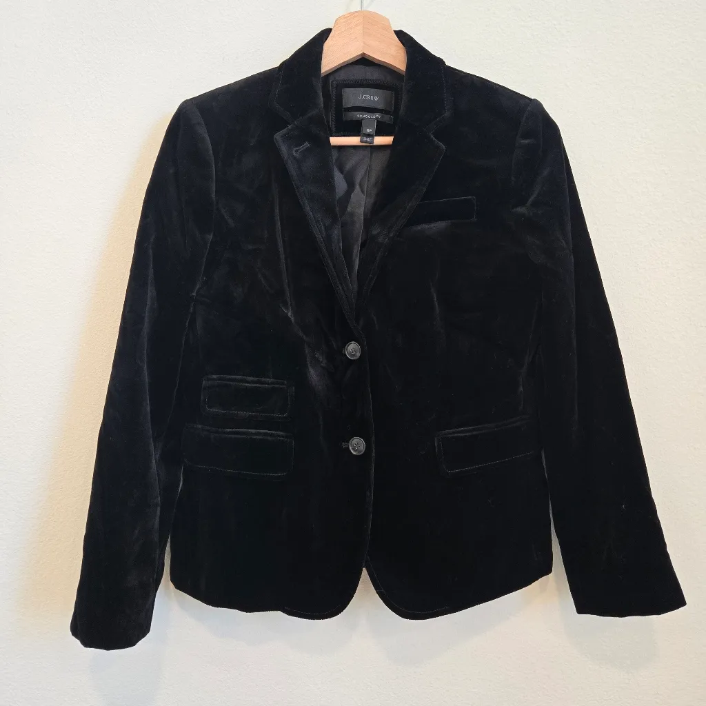 J. Crew women blazer Black velvet sz 6 2 buttons preppy academia schoolboy - Image 3