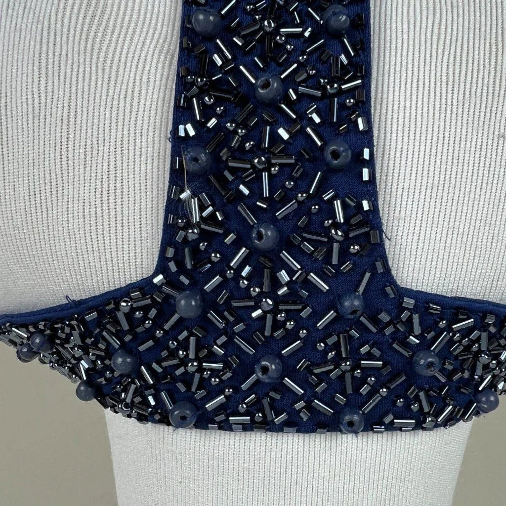 Alex Evenings Dress 4P Navy Blue Pleated Beaded Halter V-Neck Padded Bust Party - Image 10