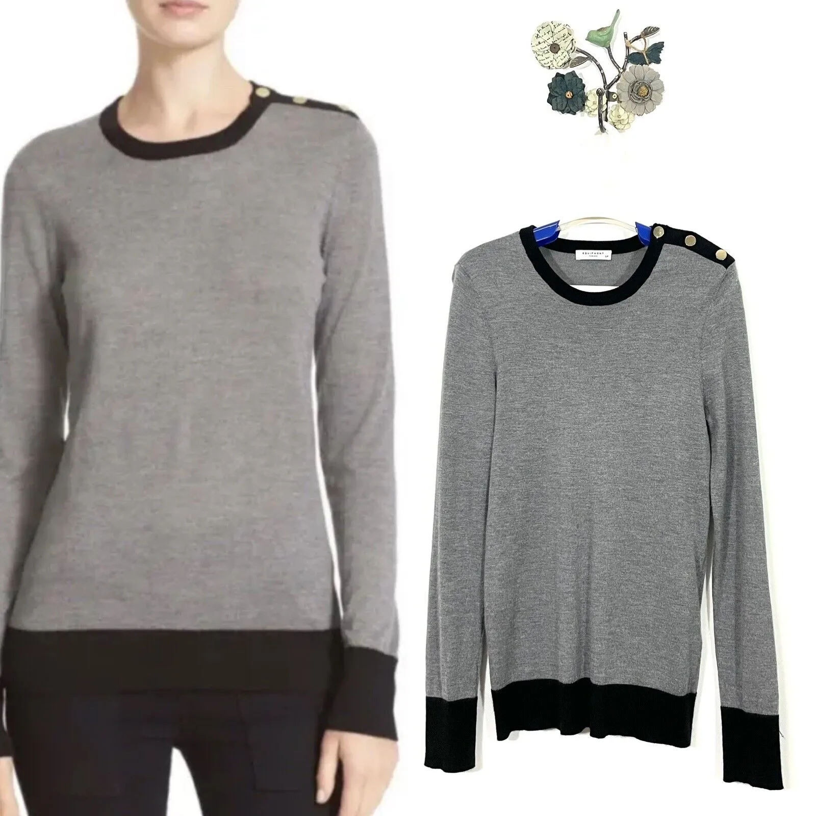 Equipment Femme Ondine Pullover Sweater Gray Silk Cashmere Button Detail Small - Image 2