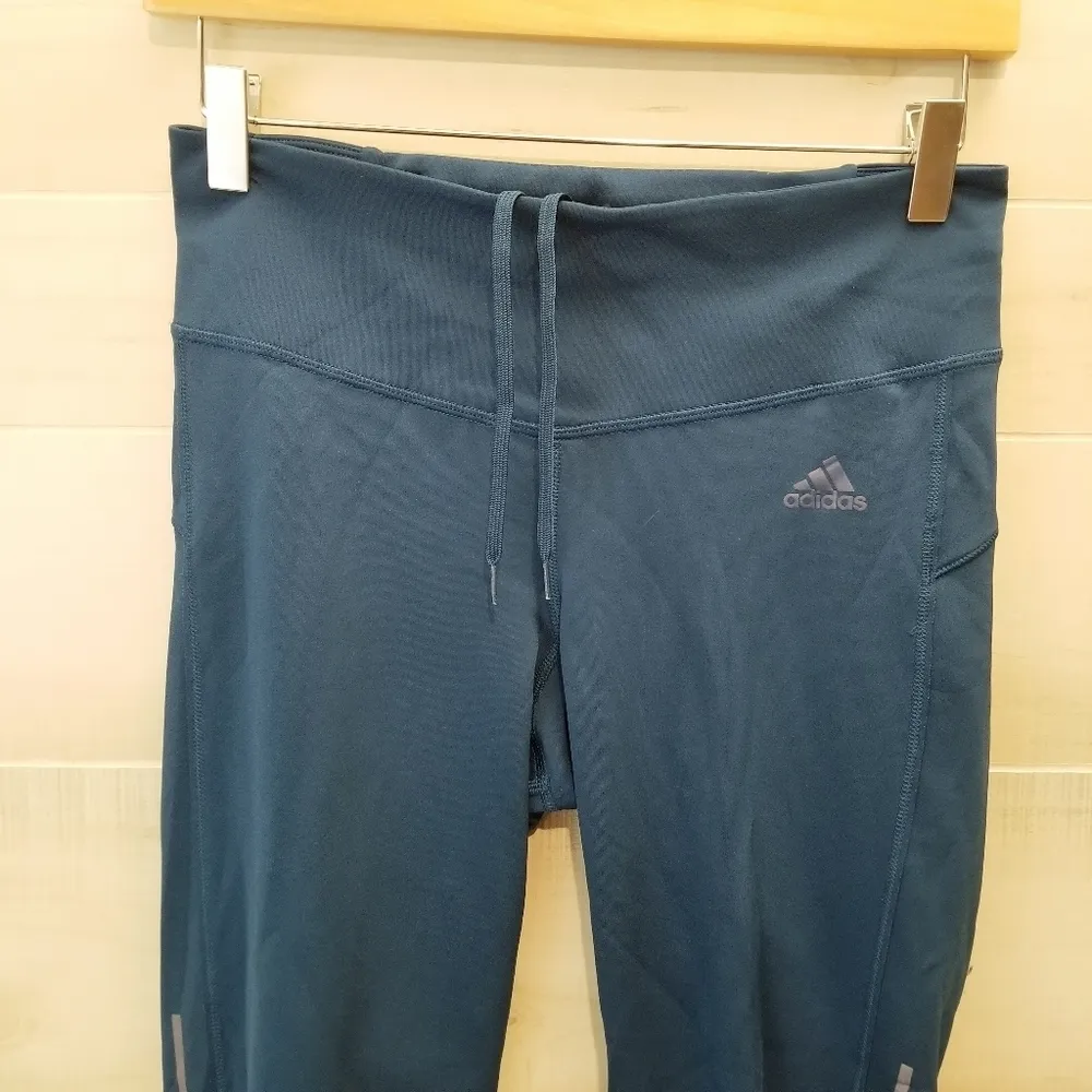 {S} Adidas Women's Running Climalite Ruched Leg Dark Teal Back Waistband Pocket - Image 7