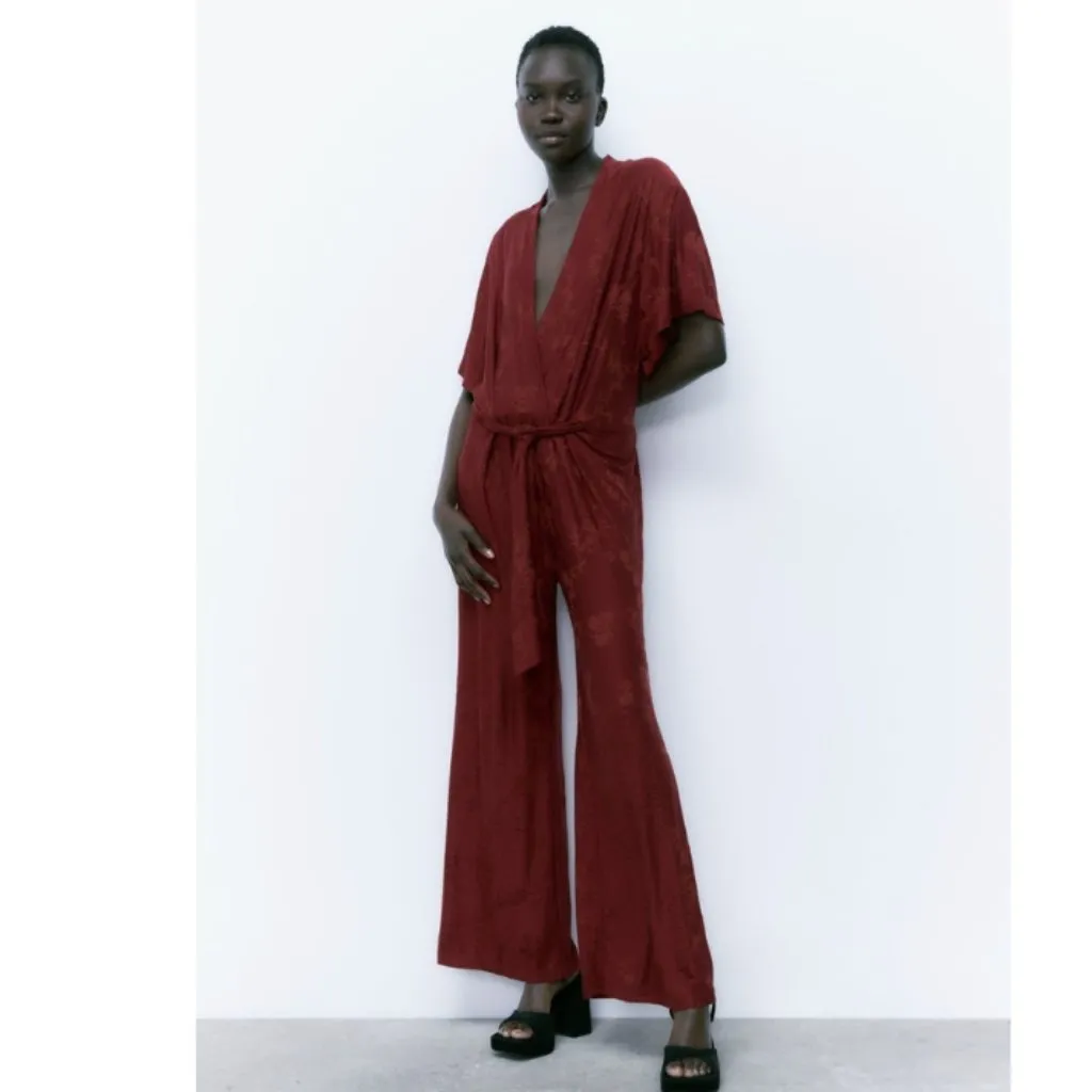 NWT  ZARA  LONG JACQUARD JUMPSUIT Burgundy - Image 2