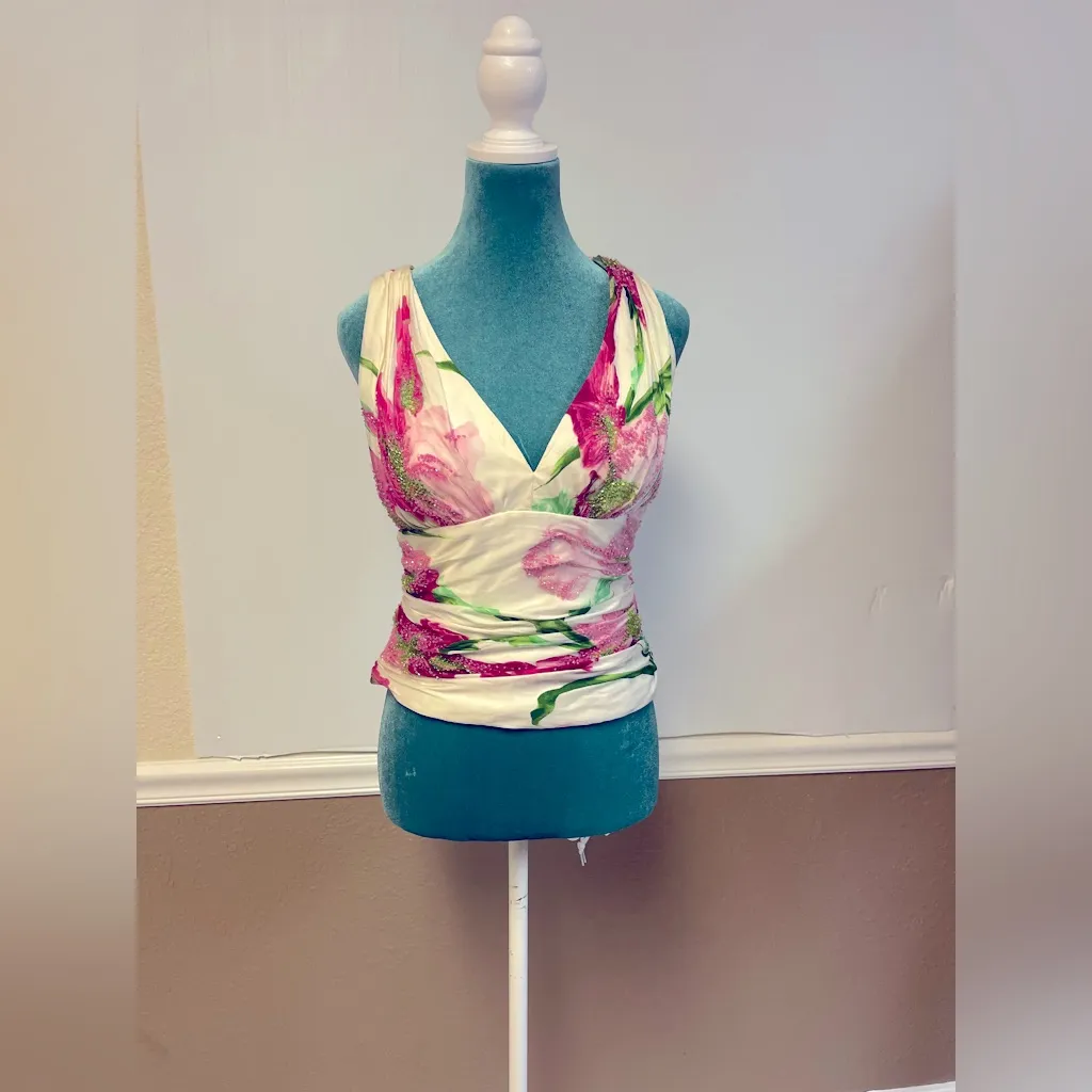 Vintage 90s Carmen Marc Valvo Beaded Silk Top w/ Twist Back – Size 8 - Image 2