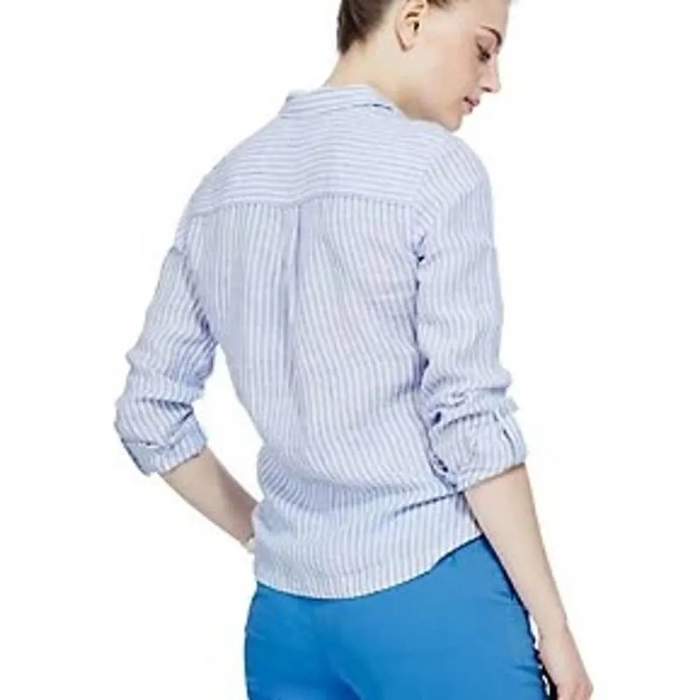 M&S Collection Marks and Spencer Pure Linen Striped Button Down Sz. M/L Blue Size M - Image 3